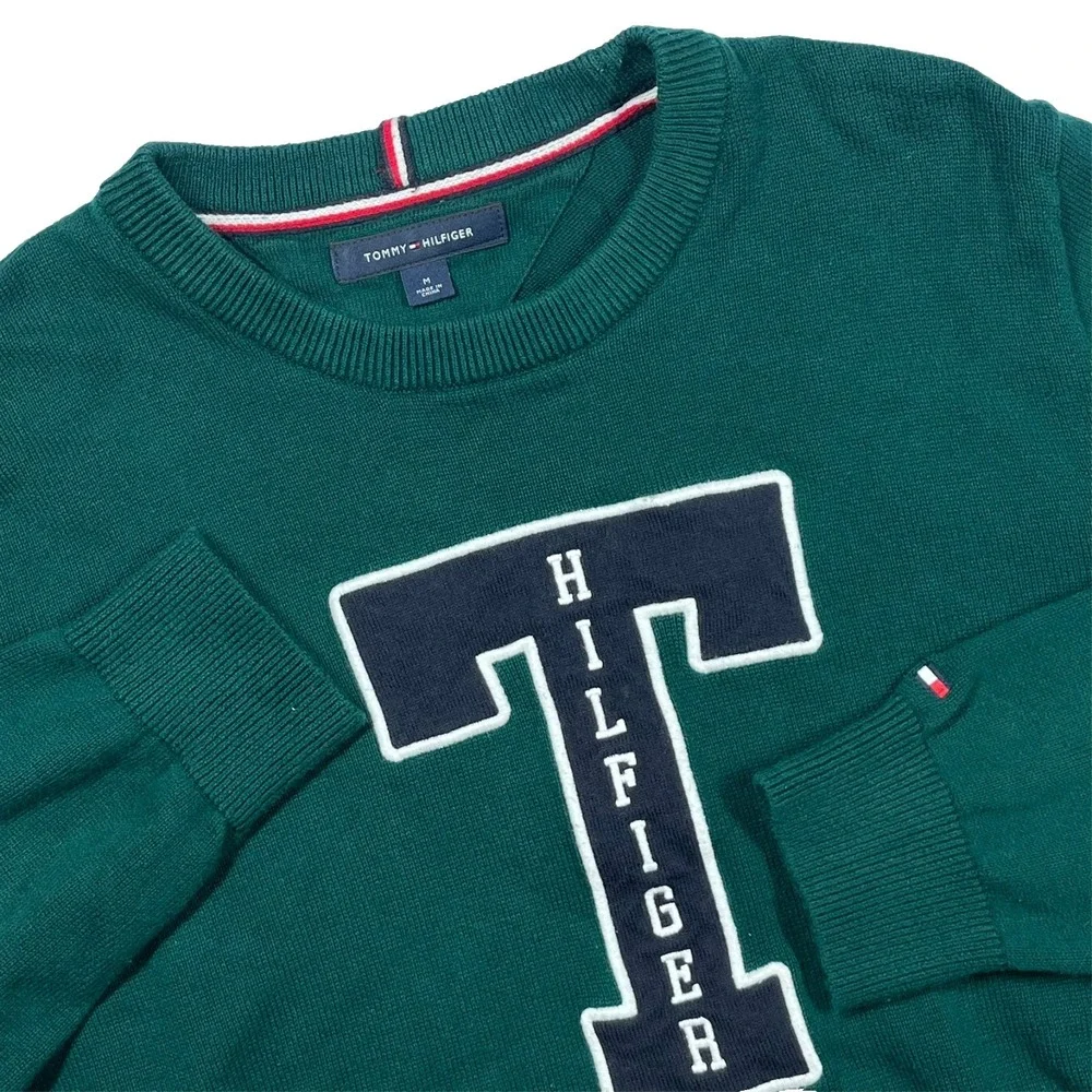 Tommy Hilfiger‎ Sweater Mens Medium Green Varsity Logo Colorblock Cotton 78E2689